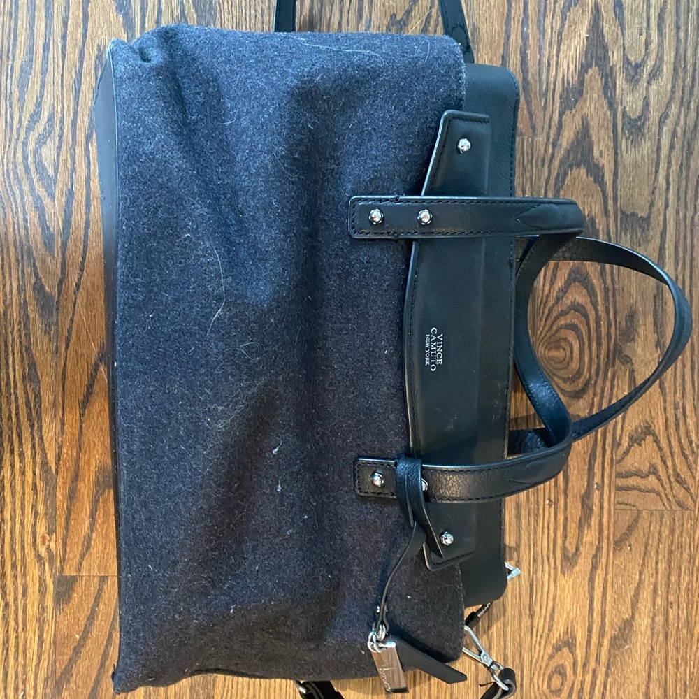 Vince Camuto black wool and leather tote